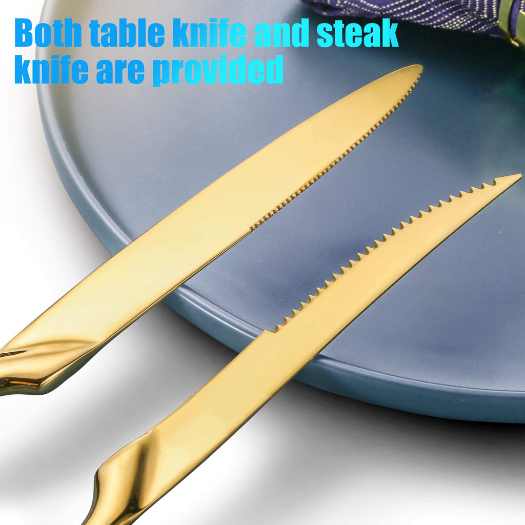 24-Pieces Gold Silverware Set with Steak Knives,Heavy Duty 18/10 Stainless Steel Flatware Set for 4,Modern Cutlery