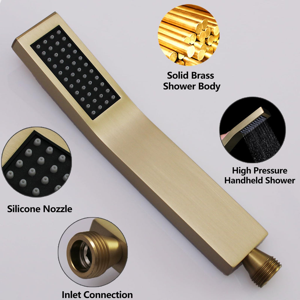 Hand Held Shower Head Combo Set Square Shower Wand Brushed Gold Solid Brass Shower Head With Adjustable Shower Holder