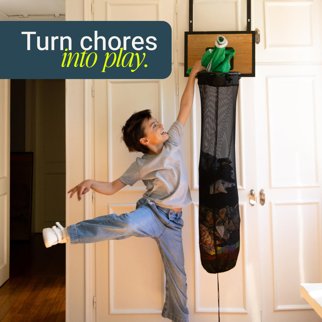 Basketball Laundry Hamper - Wooden Backboard & Mesh Hoop Laundry Basket - Over Door Hanging Organizer for Kids