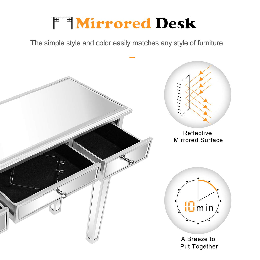 Mirrored Vanity Desk with 5 Drawers, Modern Console Table/Sofa Table/Makeup Table (Silver, 41'' x 14'' x 30'')