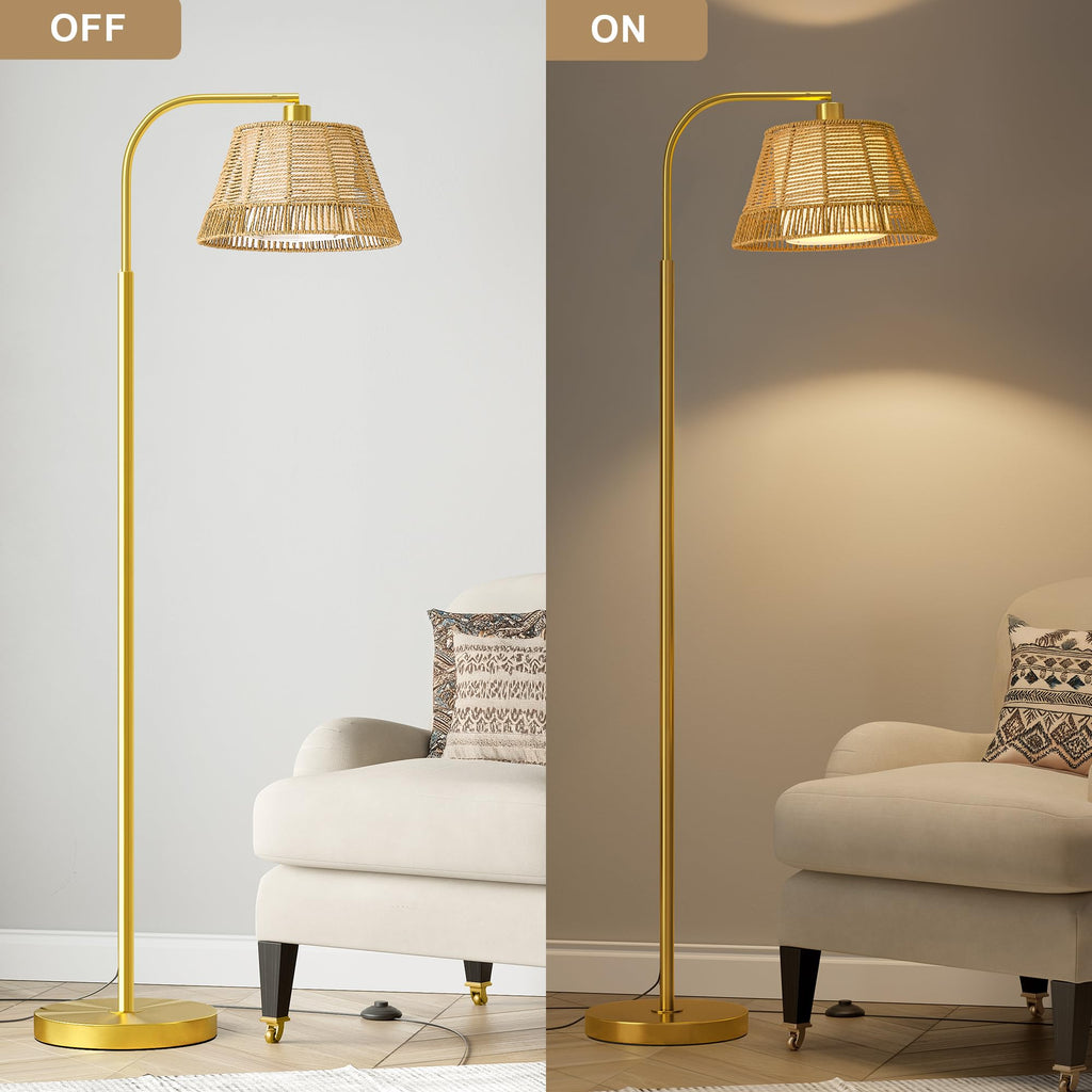 Arc Floor Lamp with 3 Color Temperatures, Farmhouse Floor Lamps with Remote & Dimmable Bulb, Rattan Boho Floor Lamp