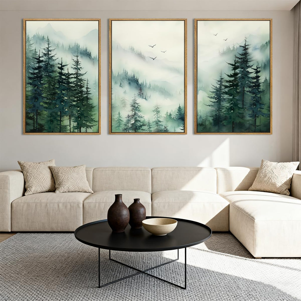 Large Foggy Forest Wall Art Decor Framed Abstract Misty Mountain Artwork Prints Bedroom Office 16x24 Inch Set of 3