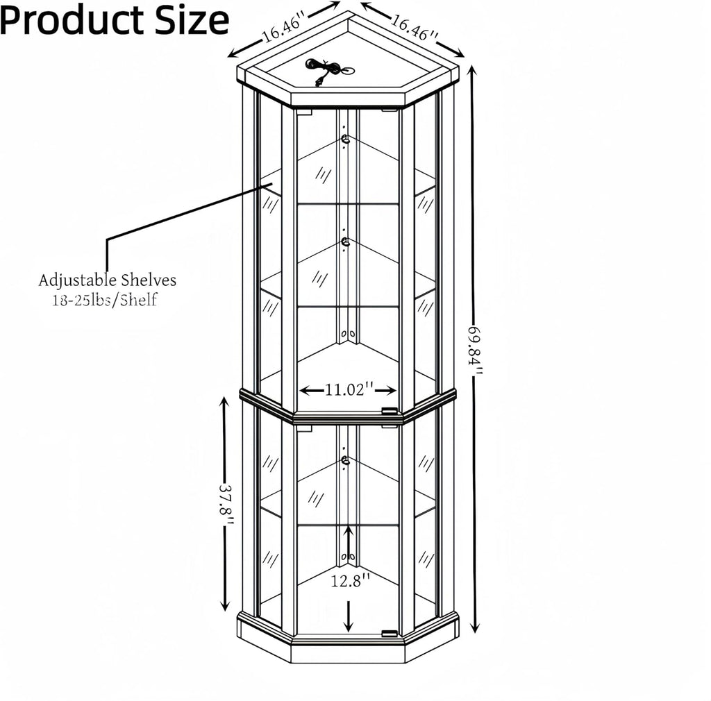 70" H Glass Display Cabinet, China Cabinet Dis, Black | 3-Side Glass Display with Customizable Shelves, Tempered