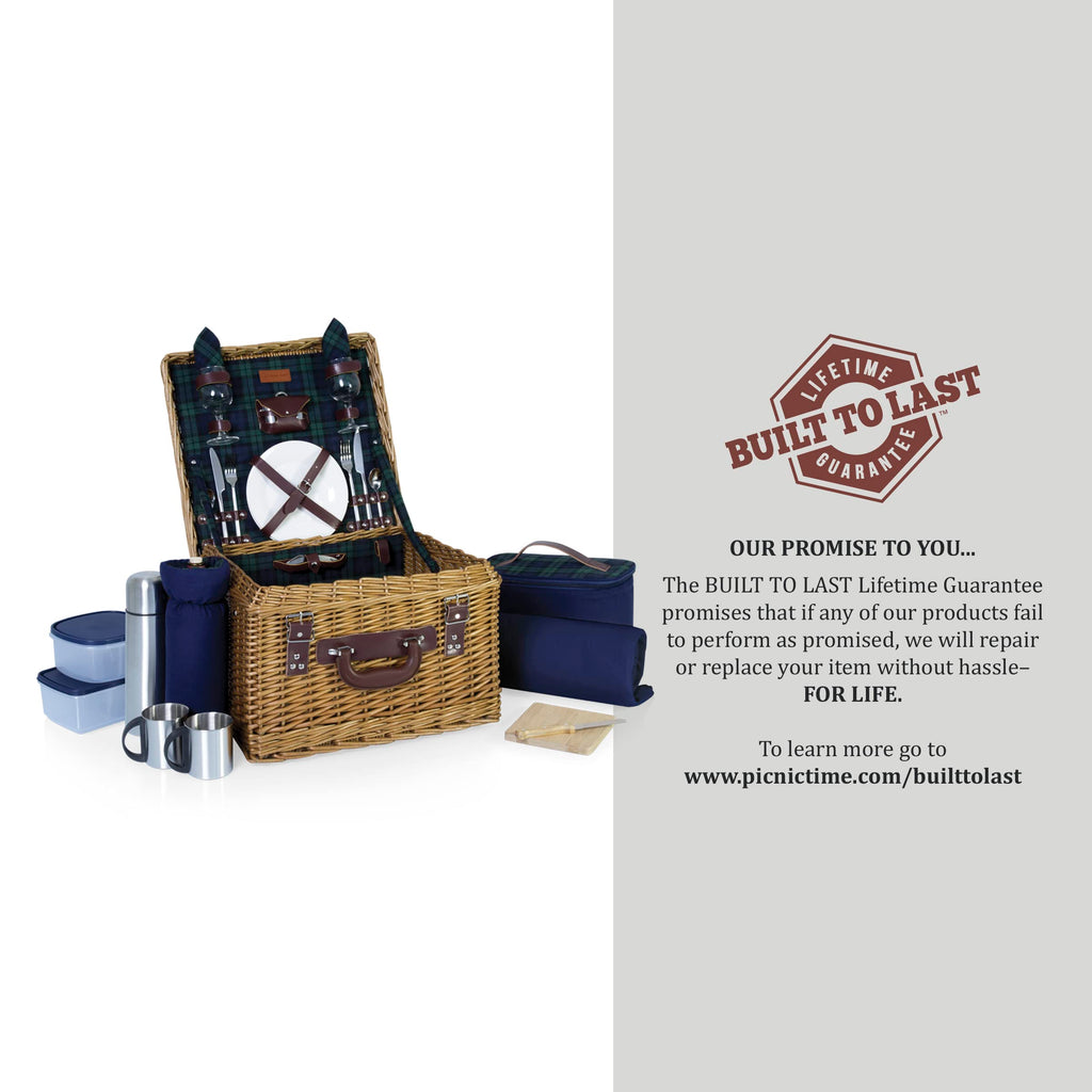 Romantic Canterbury Deluxe Wicker Picnic Basket Set for 2, with Blanket and Soft Cooler, One Size, Navy With Plaid