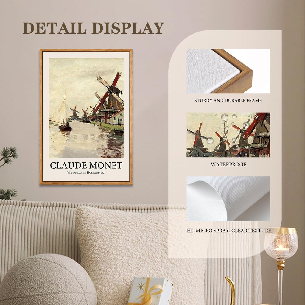 Windmills in Holland by Claude Monet Canvas Print, Dutch Windmill RiverLandscape Wall Art, 12x16 Inch