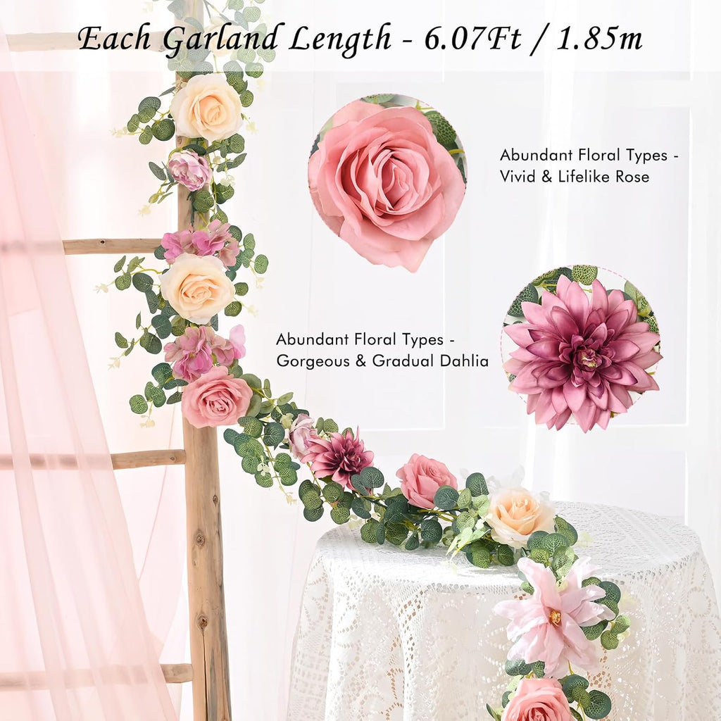 Flower Garland Decorations, 6.07Ft Pink Floral Rose Garland, Artificial Eucalyptus Greenery Vines with Flowers