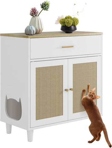 Cat Litter Box Cabinet Corner Hidden Litter Box Enclosure with Scratching Board Doors & Storage Drawer, Fits Most