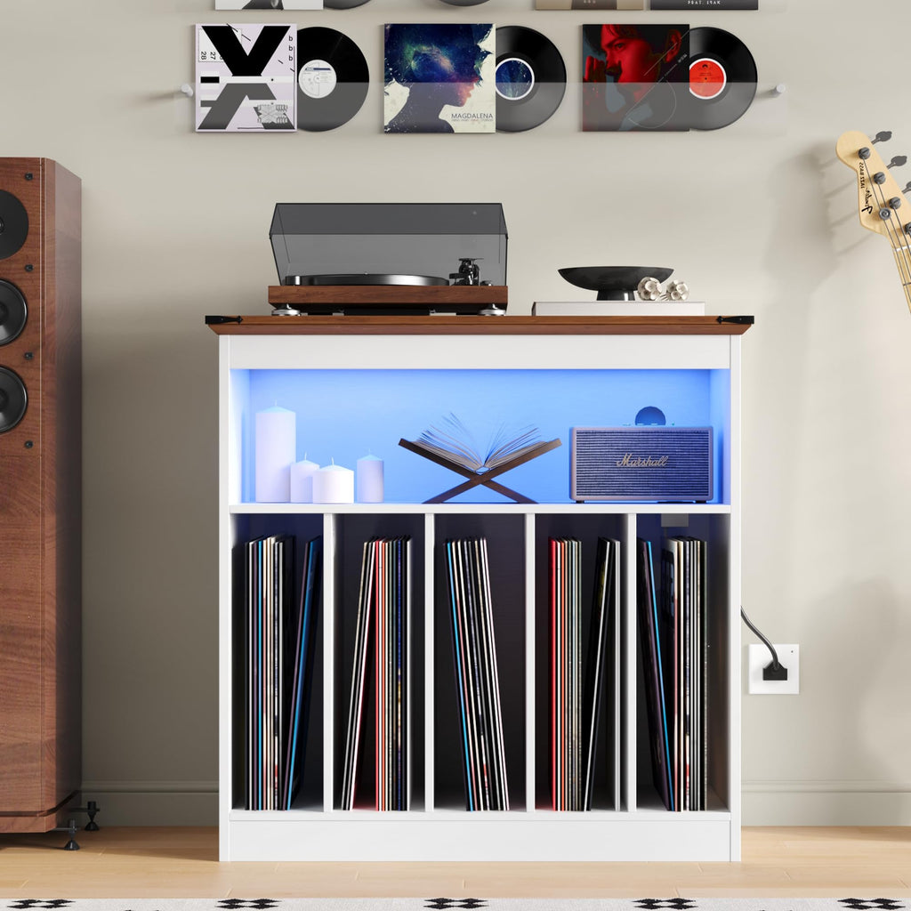 Farmhouse Large Record Player Stand with Power Outlets & LED Lights, Vinyl Record Stand hold up to 150 Albums