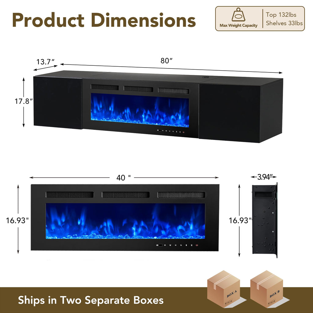80" Floating TV Stand, Wall-Mounted Entertainment Center with 40" Electric Fireplace, Fits TVs Up to 90 Inches, Media