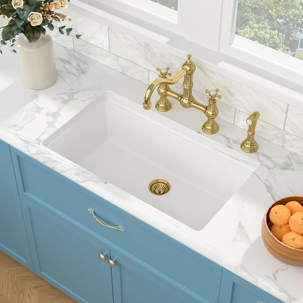 32 Granite Composite Kitchen Sink - 32 x 19 Inch Granite Undermount Kitchen Sink Ledge Workstation Under-Mount White