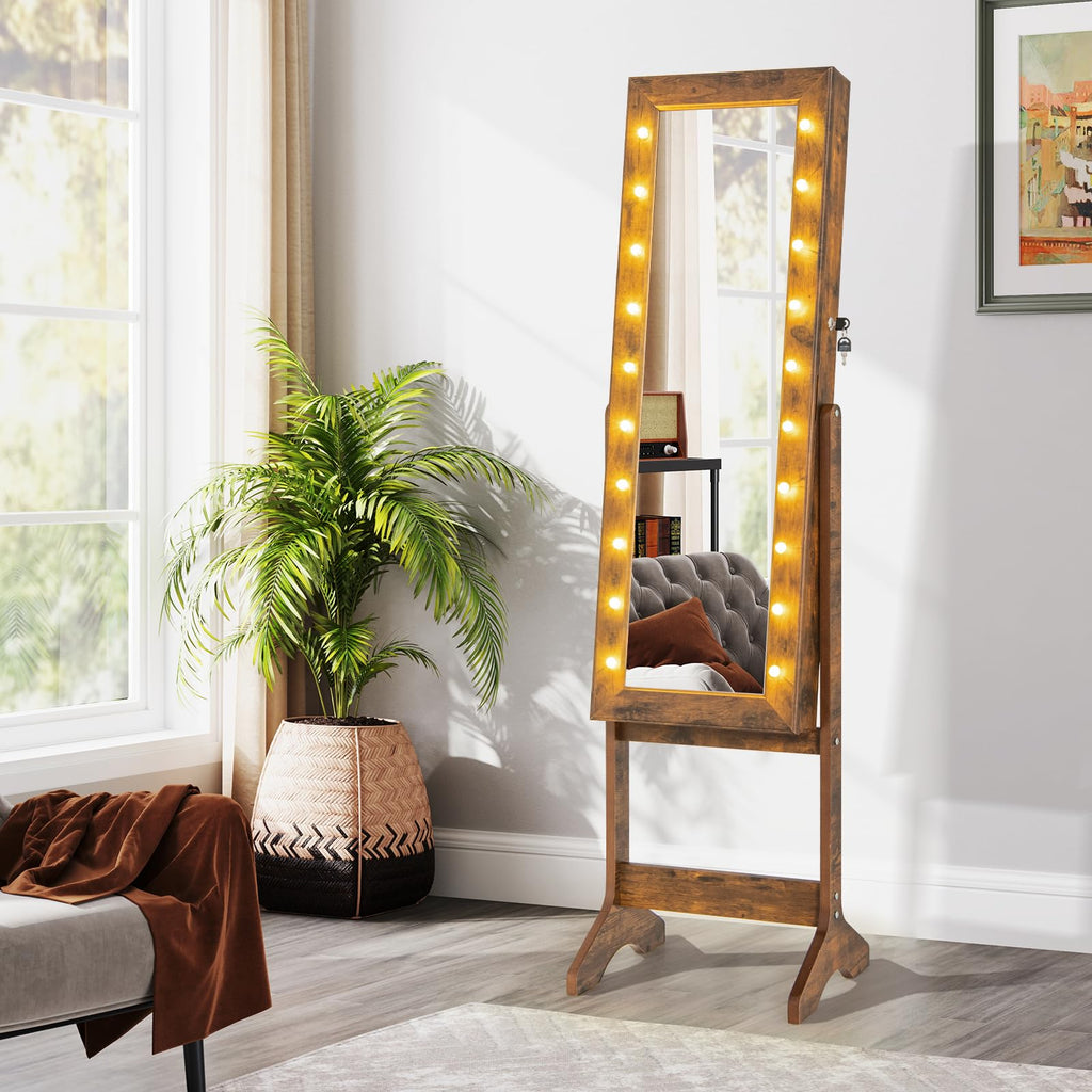 Standing Jewelry Armoire with Full Length Mirror, 20 LED Lights