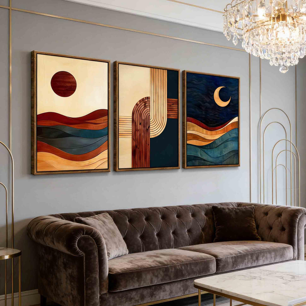 3-Piece: 24x36 Inch Framed Sun & Moon Modern Abstract Wall Art - Boho Mid-Century Geometric Canvas Decor