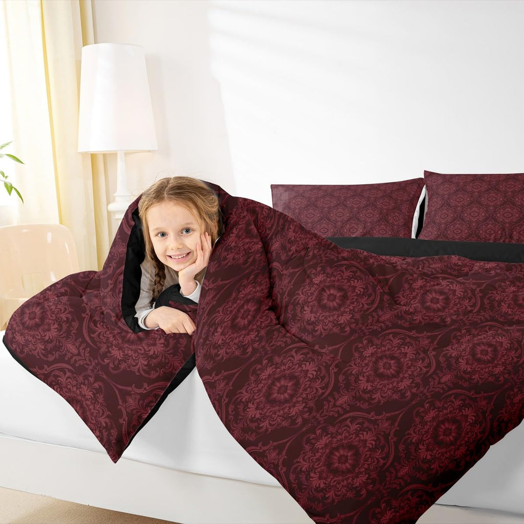 Vintage Red Gold Ombre Floral Comforter Boho Paisley Damask Bedding Comforter Set Full Victorian Baroque Gothic