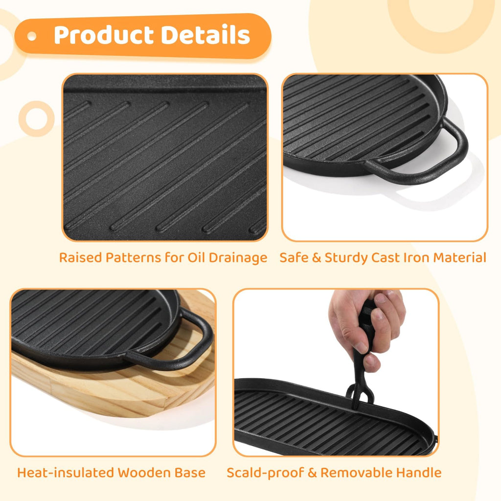 Cast Iron Skillet Set, 2 PCS Fajita Plate Sizzling Pan Cast Iron Plates with Wooden Base Removable Handle, Steak Pan