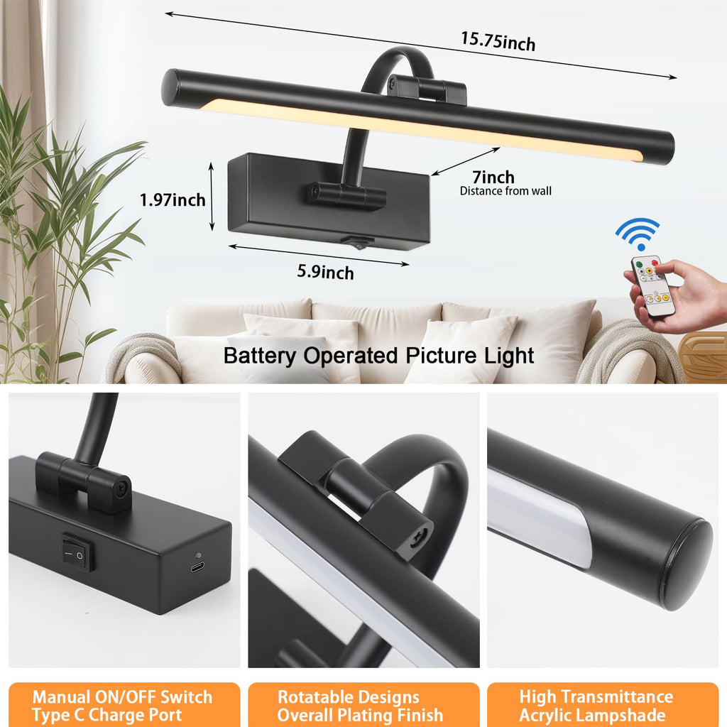 Wireless Battery Operated Picture Light,Rechargeable Wall Light with Remote and Timer,15.75 Inch Black Dimmable