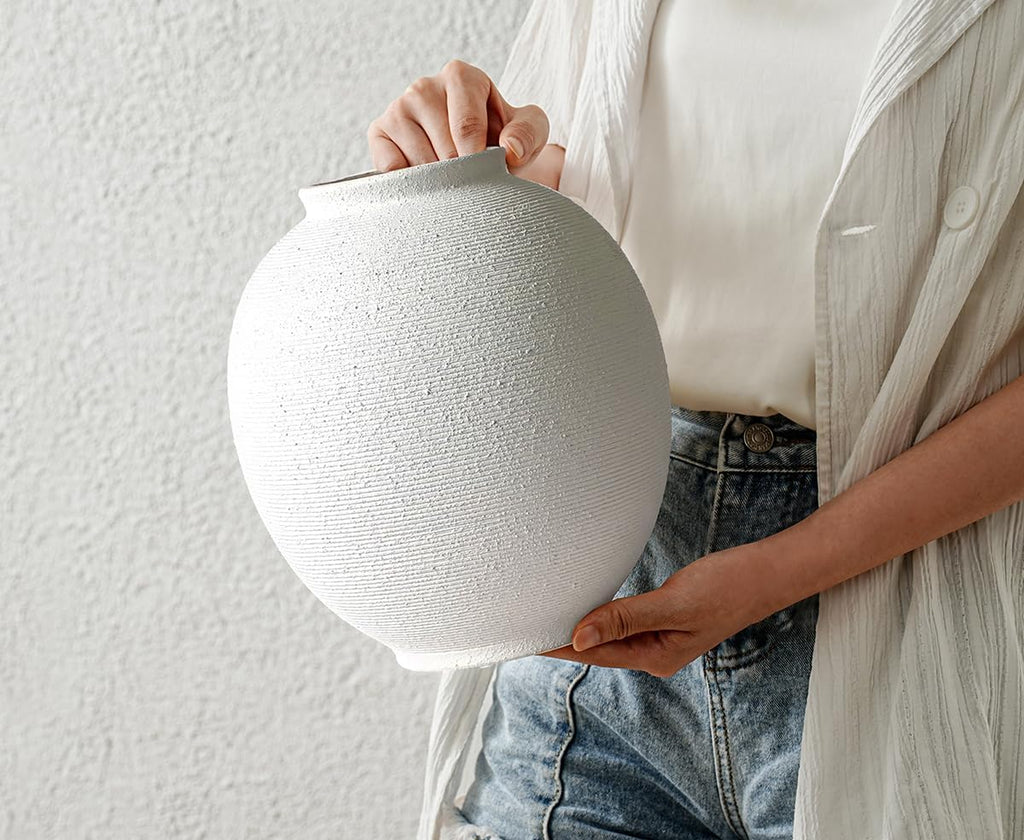 White Ceramic Vase, 9.8" Large, Round, Sandstone White | Farmhouse Style, Hand-Made Textured, Minimalist Design
