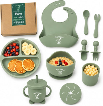 Piece Silicone Baby Feeding Set - Baby Led Weaning Supplies with Suction Plate & Bowl, Adjustable Bib, Snack Cup
