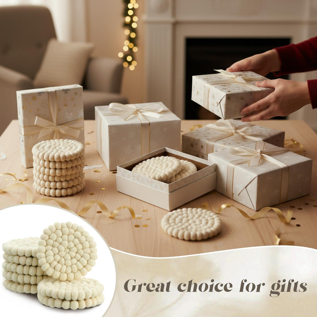 8 Pcs Round Felt Ball Coasters Cute Table Coasters Wool Absorbent Handmade Felt White & Colorful Christmas Coaster