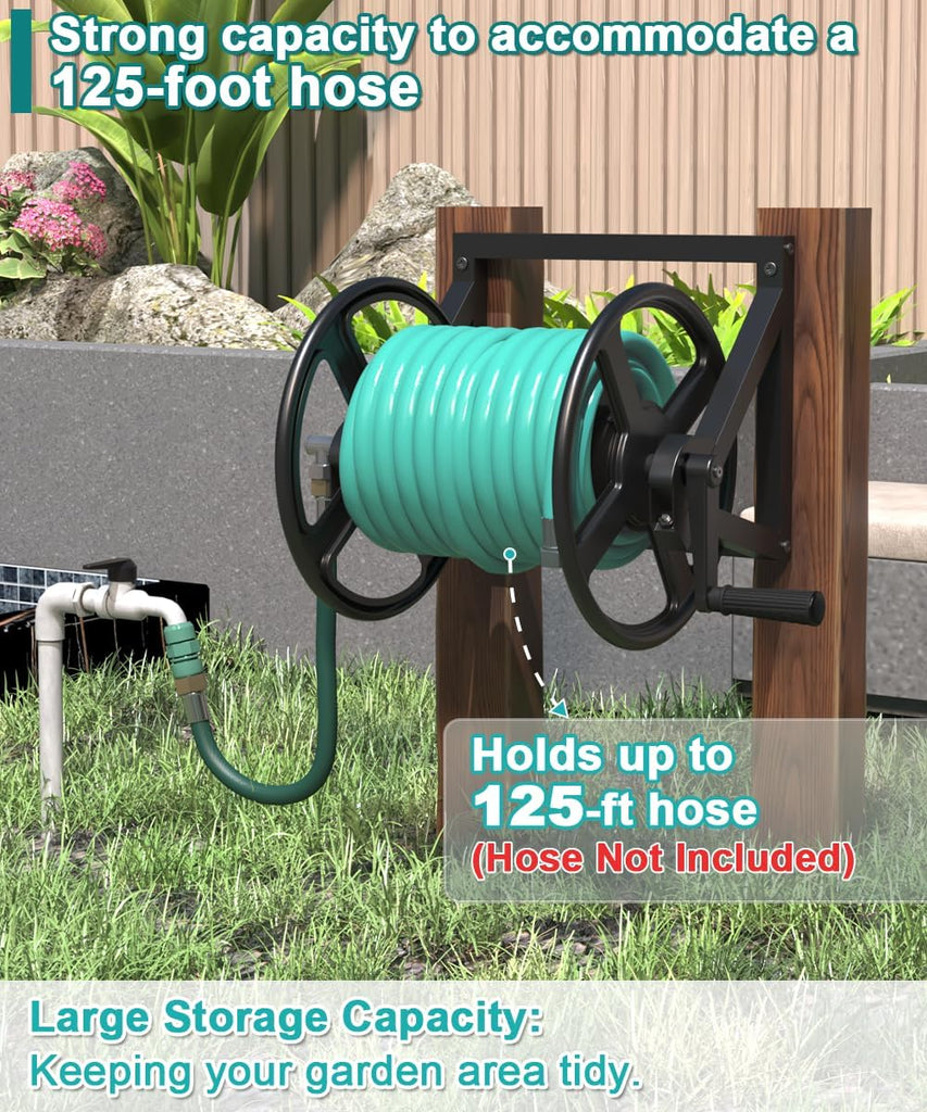 Garden Hose Reel Wall Mounted, Outdoor Heavy Duty Powder Coated Metal Water Hoses Holder Winder Holds 125 ft 5/8"