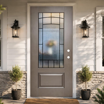36"x80" Brown Fiberglass Front Door, Wrought Iron Glass, Left-Hand Inswing