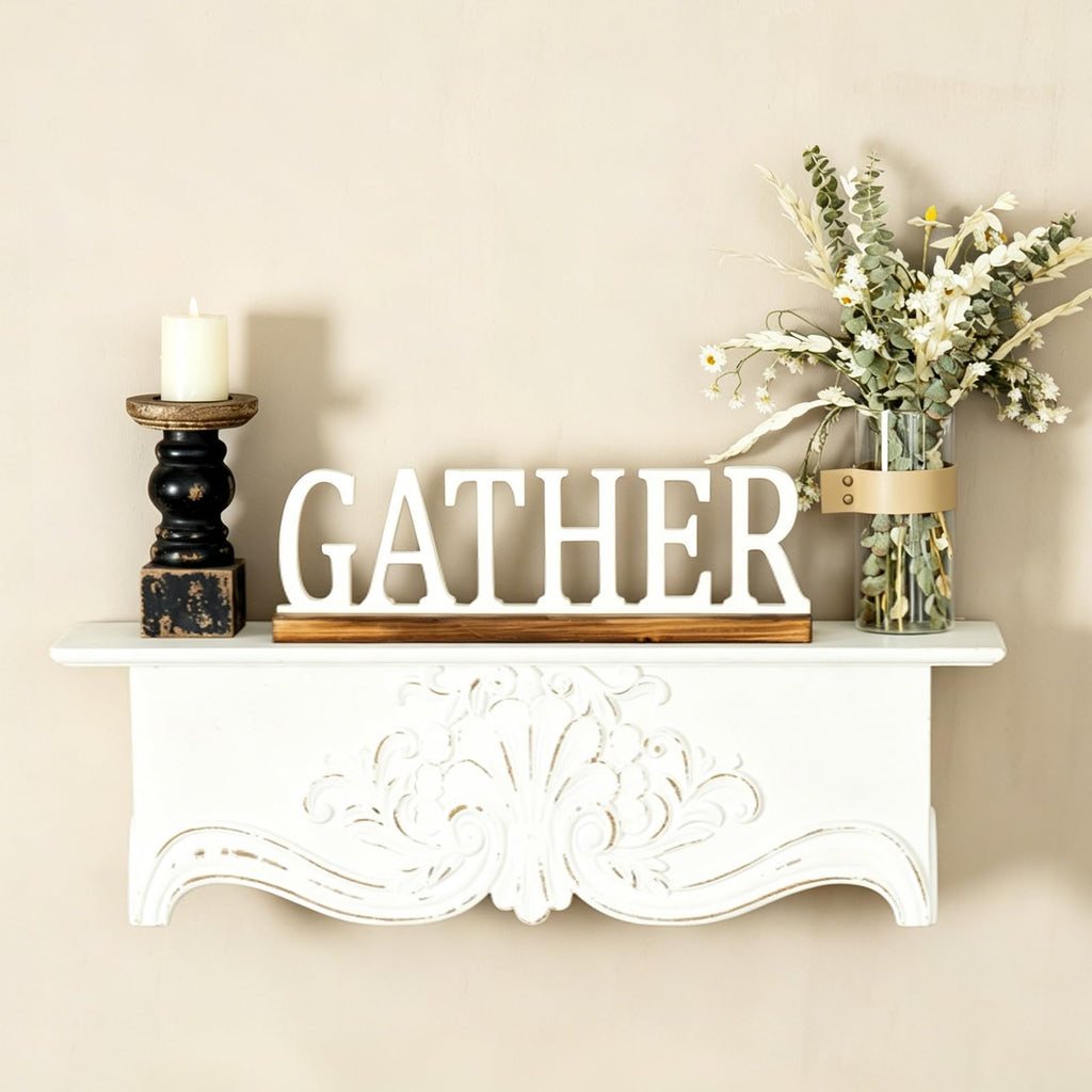 Rustic Wooden Gather Signs Decor 16", Distressed White