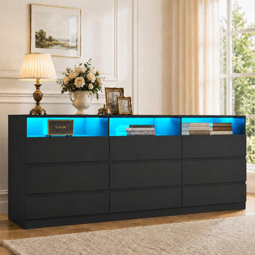 9 Drawer Black Dresser with LED Lights & Power Outlet