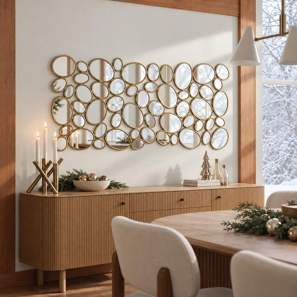 Gold Wall Mirrors Decorative - 51"x23" Large Modern Wall Mirror Decor, 55 Pieces Multi-Size Pebble Design Metal