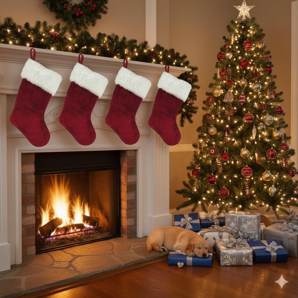21 Inch Burgundy Christmas Stocking Plush Velvet