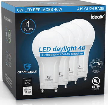 Eagle Dimmable LED Light Bulbs, GU24 40 Watt Equivalent, 5000K Daylight A19, 2 Prong Twist-in Light Bulb, 6W 450