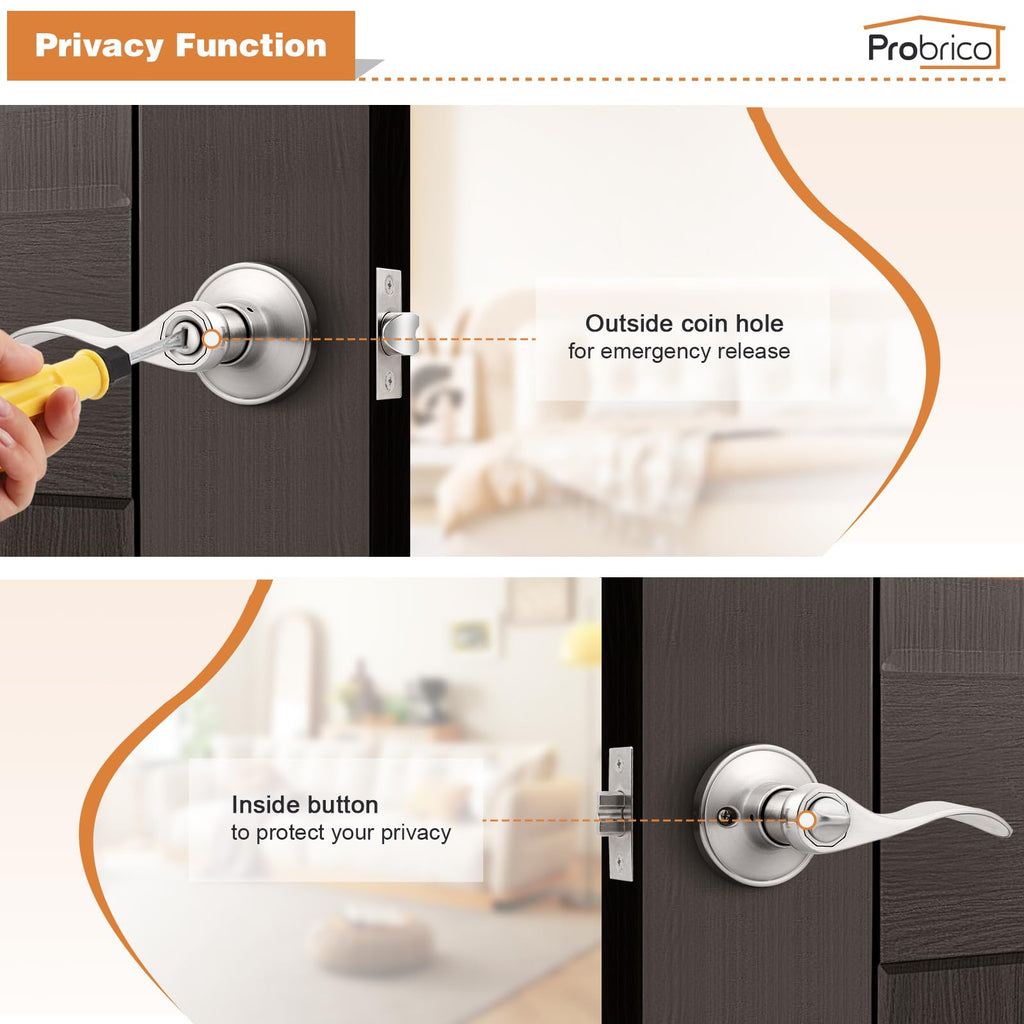 Privacy Door Levers Interior Door Handles Levers, Wave Style Bed Bath Door Handles Lock Keyless, Satin Nickel Door