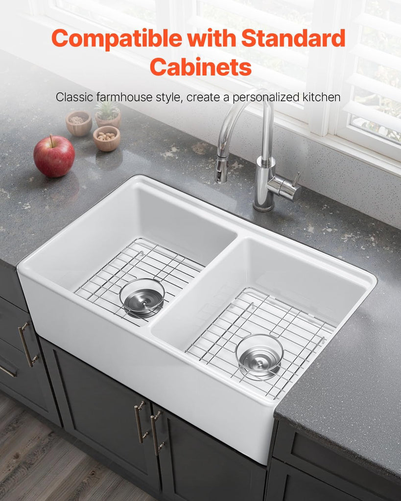 33x20 inch Farmhouse Sink, White Sink Workstation, Fireclay Undermount Basins, Apron Front Double Bowl Basin with