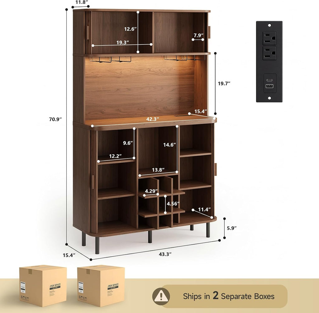 71" Tall Fluted Wine Bar Cabinet with Storage Walnut | Liquor Cabinet, Coffee Bar Cabinet, Large Home Bar, with LED