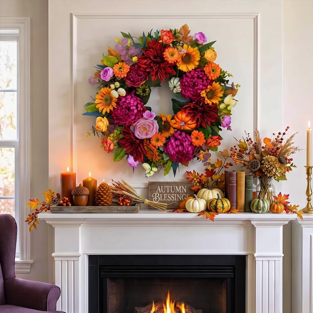24 Inch Fall Wreath for Front Door, Artificial Harvest Fall Wreath