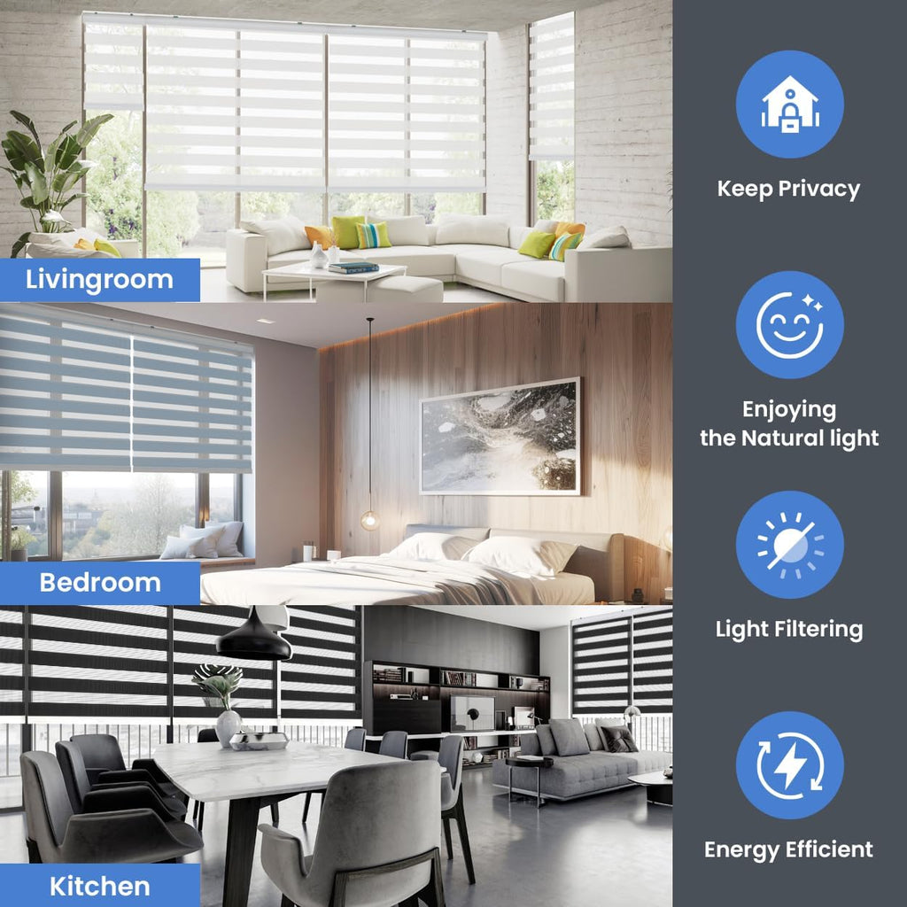 Zebra Blinds for Windows, Day Night Dual Layer Roller Shades for Windows, Adjustable Privacy, Inside or Outside Mount