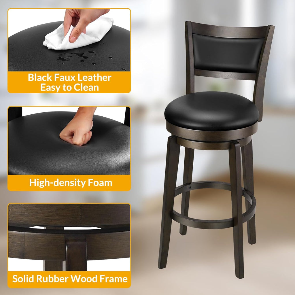 Swivel Bar Stools Set of 2, 24 Inch Counter Height Barstools, Black Faux Leather Bar Stool with High Backrest & Solid