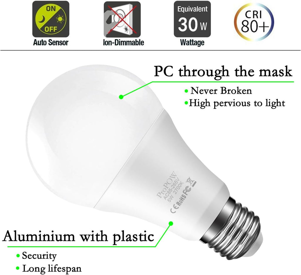 Dusk to Dawn Light Bulb, Sensor LED Bulbs Smart Lights Bulb 5W A19 Automatic On/Off, Indoor/Outdoor Lighting Lamp