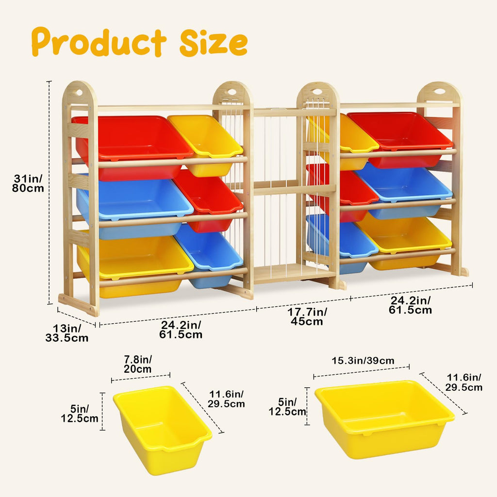 Toy Storage Organizer with Stuffed Animal Storage, 66.1"W Multi Color, 2-Shelf Bookcase / Bookshelf with 12 Toy Bins