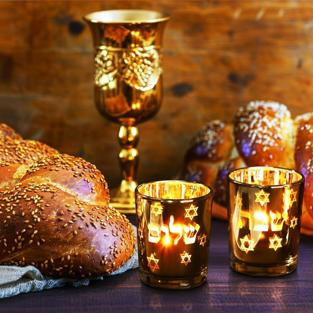 Shabbat Candles Holders Gold Jewish Judaica Gift Set Electroplated Glass Modern Shabbat Candlestick Holders - Set of 2