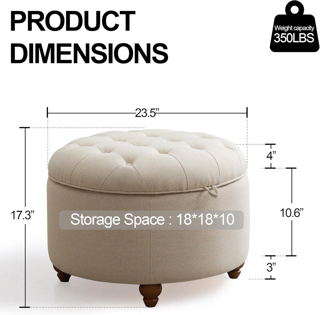 24'' Round Ottoman Coffee Table with Storage, Upholstered Tufted Ottoman with Flip Tray, Solid Wood Legs , Khaki