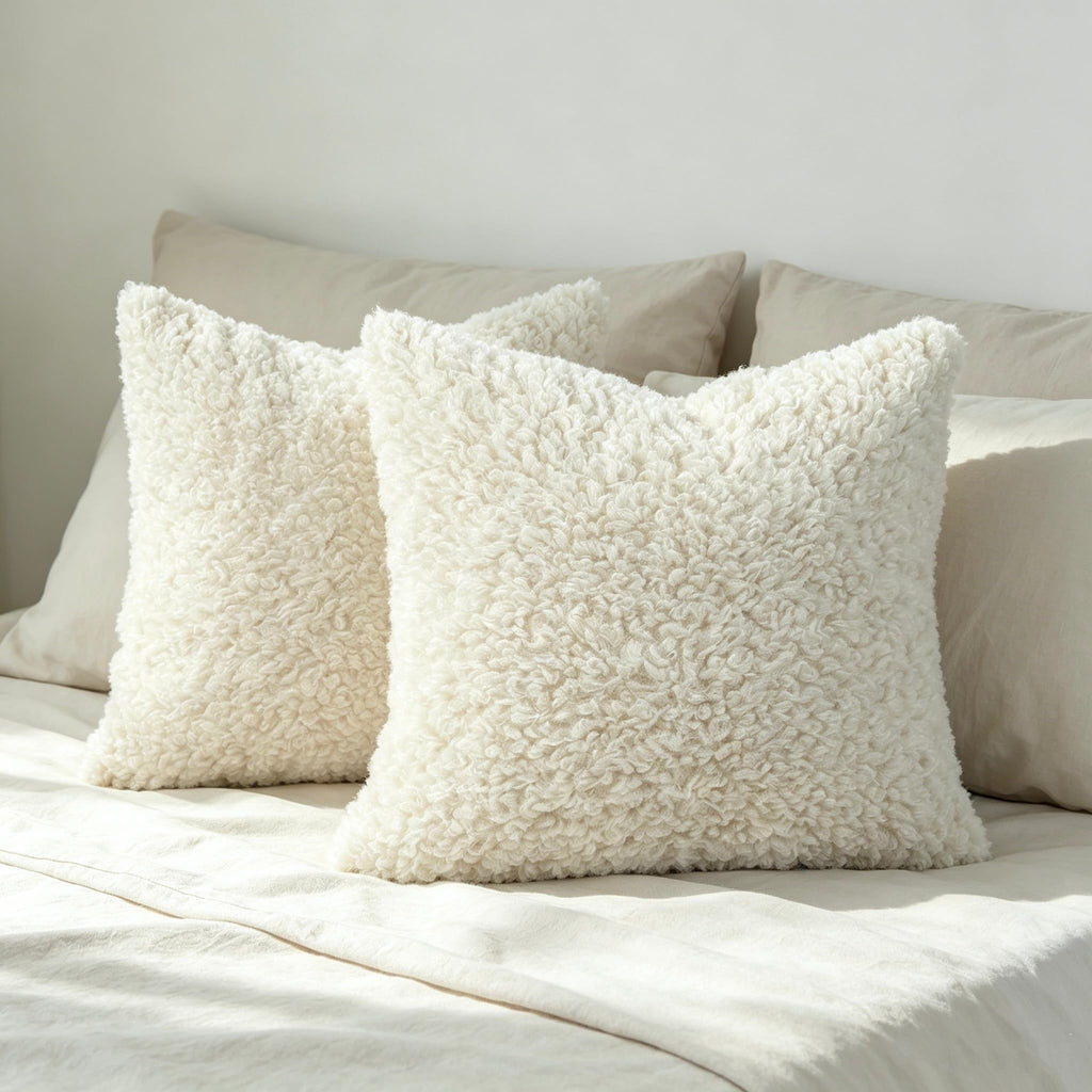 Light Beige Faux Fur Decorative Pillow Covers 20x20 Soft Fluffy Sherpa Boucle Throw Pillows Teddy Bear Textured
