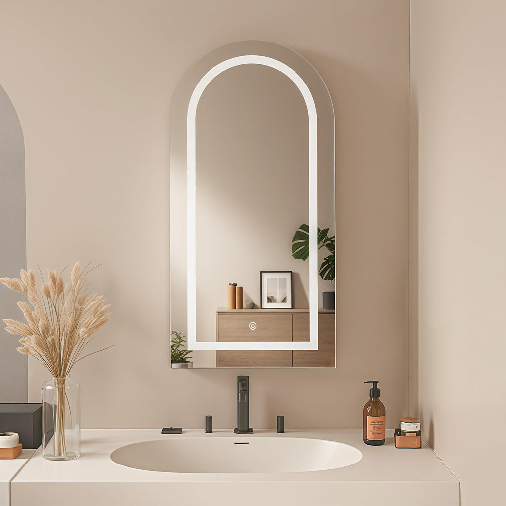 Arched Medicine Cabinet with LED Light, Recessed Black Bathroom Mirror Cabinet with Integrated Storage, Wall-Mounted
