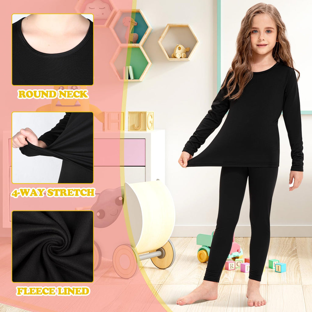 5 Set Girls Thermal Underwear Set Fleece Lined Long Winter Underwear Kids Base Layer Thermal Top Bottom Warm