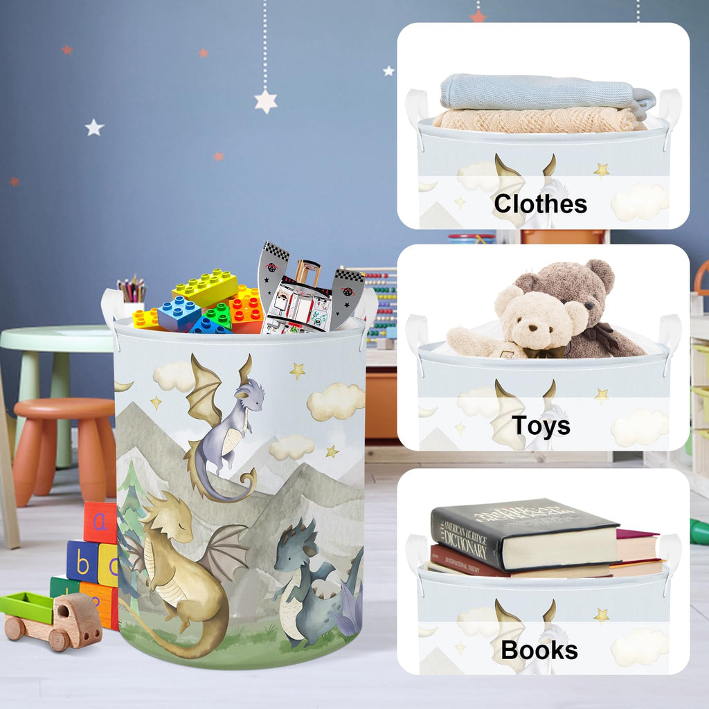 45L Kids Cute Dragon Nursery Hamper Mountain Tree Dirty Clothes Collapsible Laundry Basket Round Cloud Toys Storage