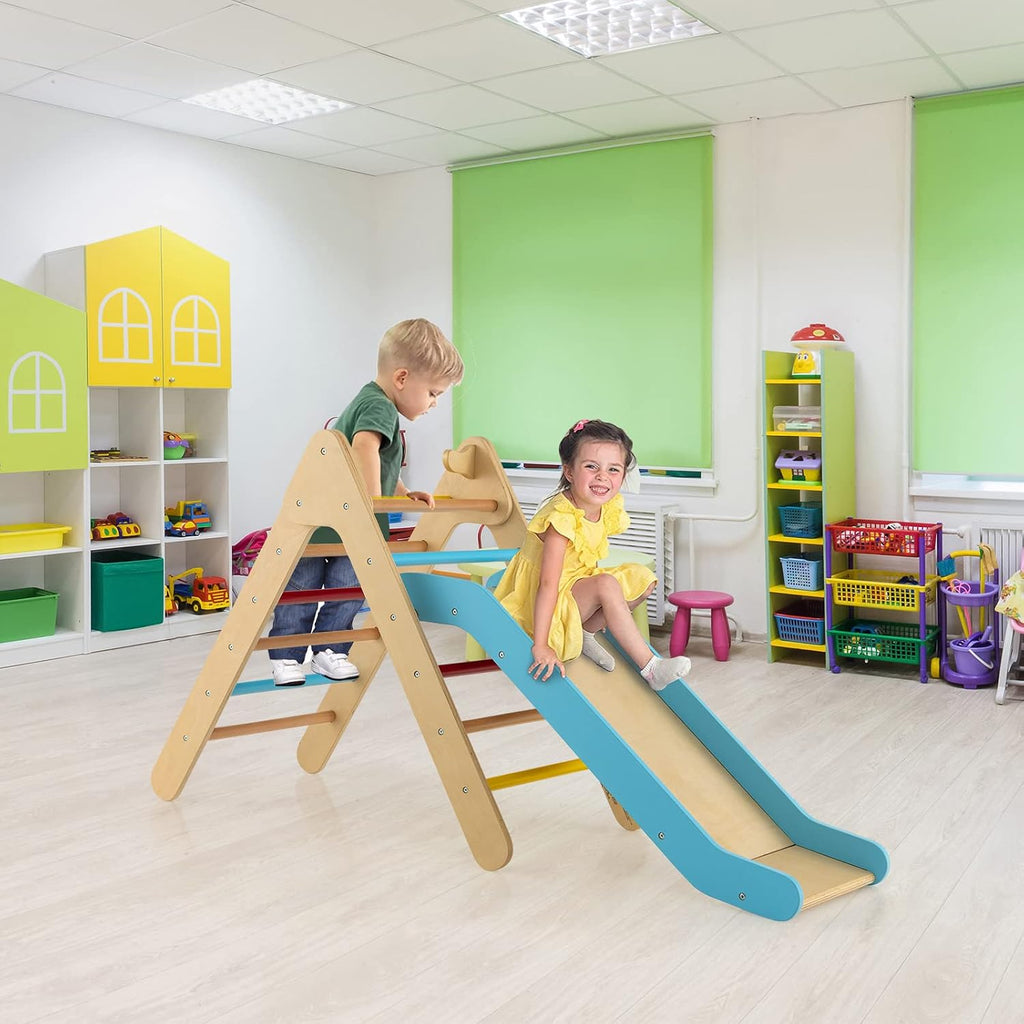 Triangle Set 2 in 1 Climbing Toys for Toddlers Foldable Wood Montessori Baby Jungle Gym with Ladder Ramp Slide Kids