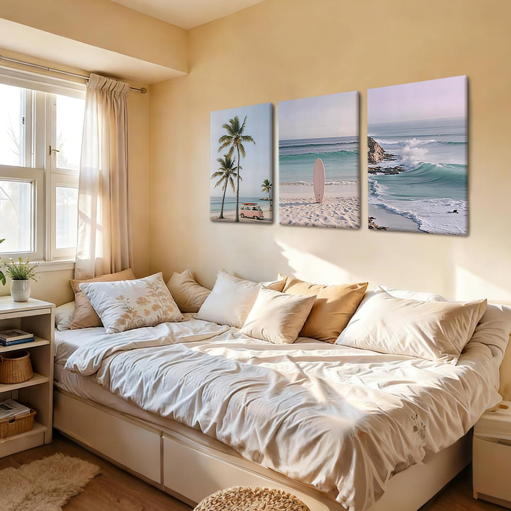 3 Pcs Coastal Beach Canvas Wall Art Boho Beach Scene 12x16 Inch