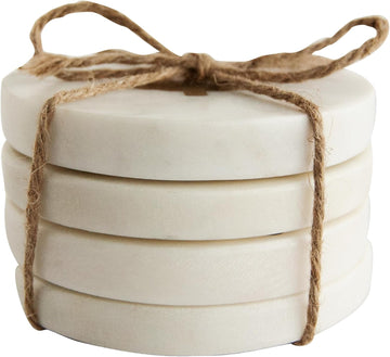 Round Marble Coasters with Brass Tree Inlay, White - Set of 4