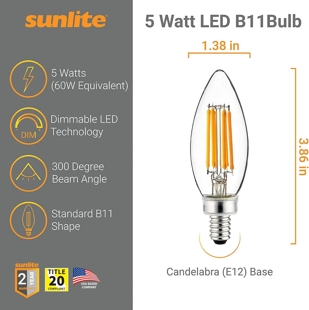 LED Filament B11 Torpedo Tip Chandelier Light Bulb, 5 Watts (60 W Equivalent), 600 Lumens, 90CRI, Candelabra E12
