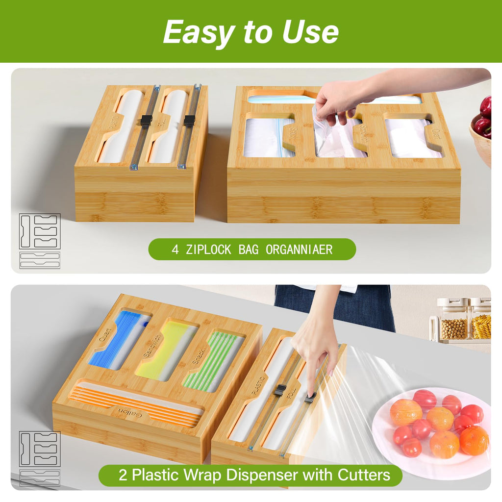 Bamboo Bag Storage Organizer - 2 Wrap Dispenser with Cutter & 4 Slots Food Storage Bags Container - Kitchen Drawer
