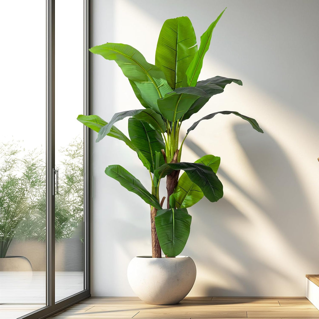 6FT Artificial Banana Tree, Lifelike Fake Banana Leaf Tropical Silk Tree, Easy Assembly Faux Floor Plant with Sturdy