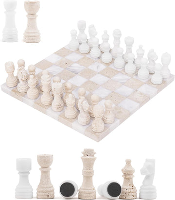 Marble Chess Sets for Adults 12 Inch White & Travertine